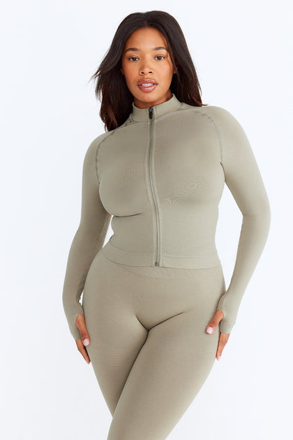 Olive Seamless Seam Detail Cropped Sports Jacket