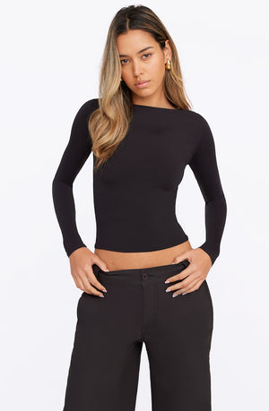 365 SECOND SKIN BOAT NECK LONG SLEEVE TOP - SHADOW BLACK