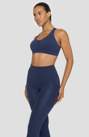 FORMTECH ZIP FRONT OPEN BACK SPORTS BRA - NAVY