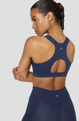 FORMTECH ZIP FRONT OPEN BACK SPORTS BRA - NAVY