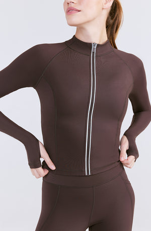 SKINLUXE ZIP THROUGH RUNNING TOP - ESPRESSO