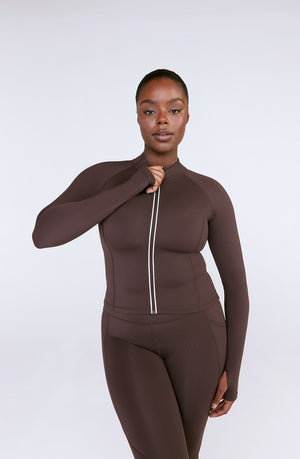 SKINLUXE ZIP THROUGH RUNNING TOP - ESPRESSO