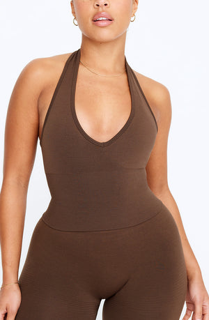 SCULPT SEAMLESS HALTER TANK - COFFEE MARL