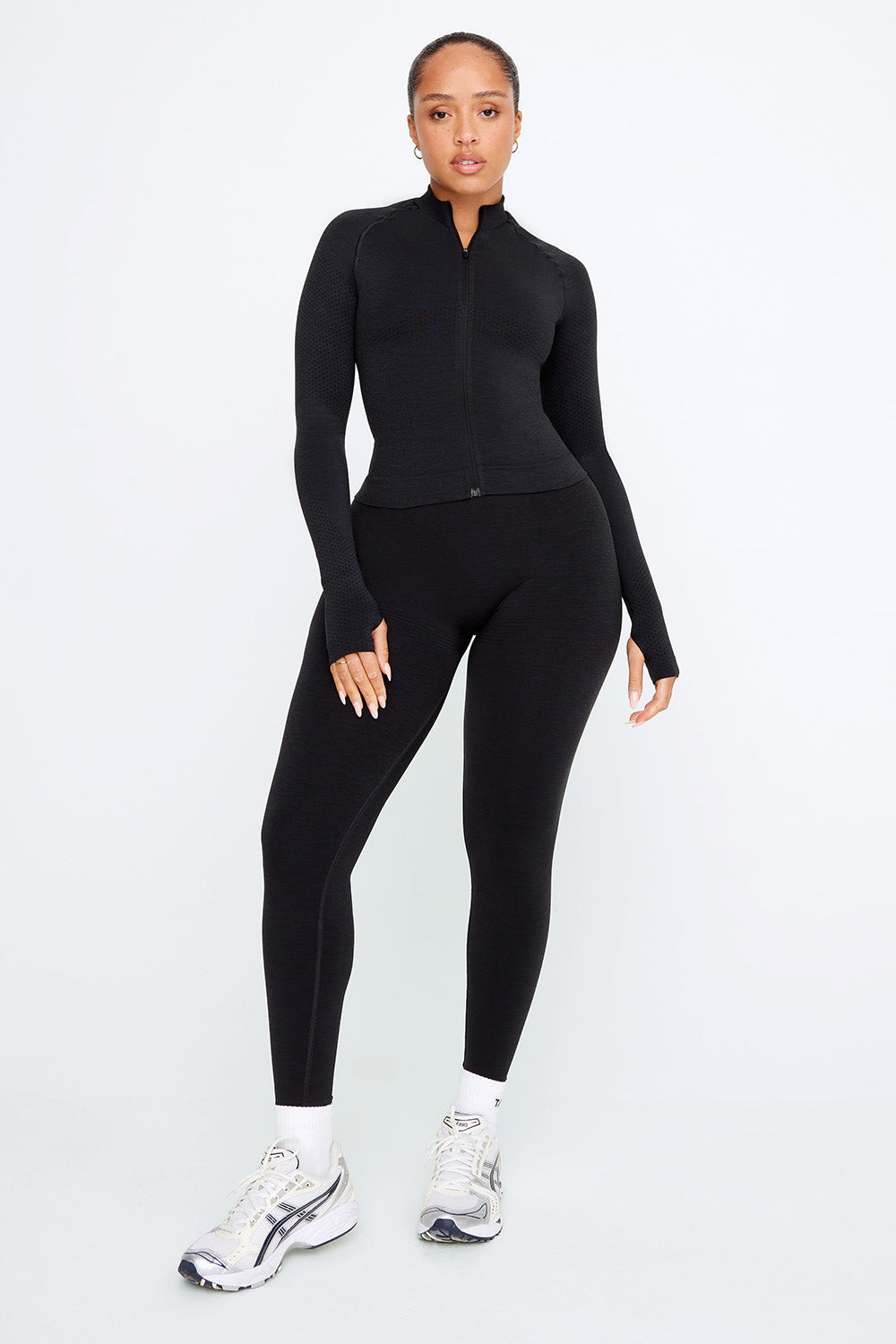 SCULPT SEAMLESS MOCK NECK ZIP THROUGH JACKET- BLACK MARL