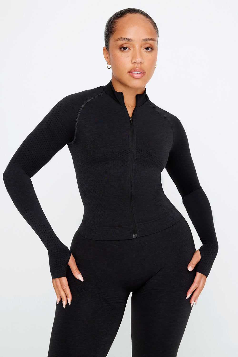 SCULPT SEAMLESS MOCK NECK ZIP THROUGH JACKET- BLACK MARL