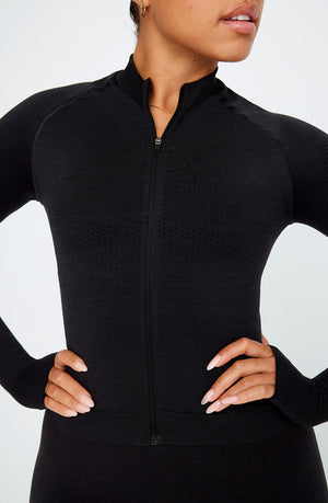 SCULPT SEAMLESS MOCK NECK ZIP THROUGH JACKET- BLACK MARL