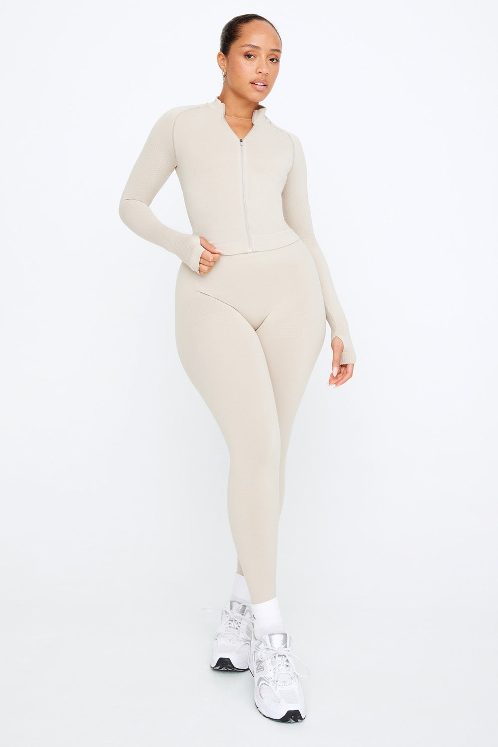 SCULPT SEAMLESS MOCK NECK ZIP THROUGH JACKET-  CHAI MARL