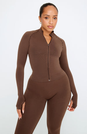 SCULPT SEAMLESS MOCK NECK ZIP THROUGH JACKET-  COFFEE MARL