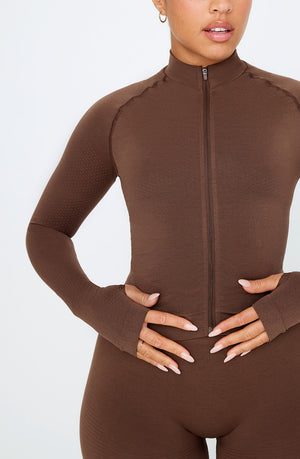 SCULPT SEAMLESS MOCK NECK ZIP THROUGH JACKET-  COFFEE MARL