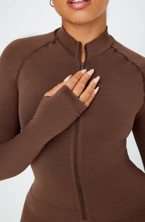 SCULPT SEAMLESS MOCK NECK ZIP THROUGH JACKET-  COFFEE MARL