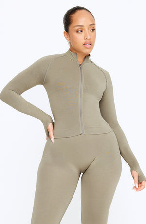 SCULPT SEAMLESS MOCK NECK ZIP THROUGH JACKET-  OLIVE MARL