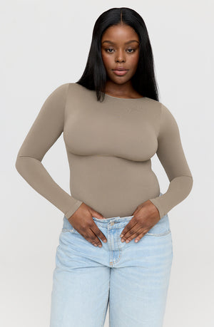 365 CONTOUR LONG SLEEVE SHAPING BODYSUIT - STONE KHAKI