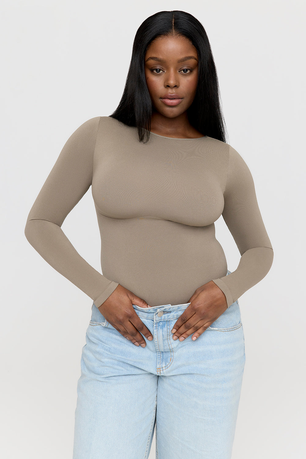 365 CONTOUR LONG SLEEVE SHAPING BODYSUIT - STONE KHAKI