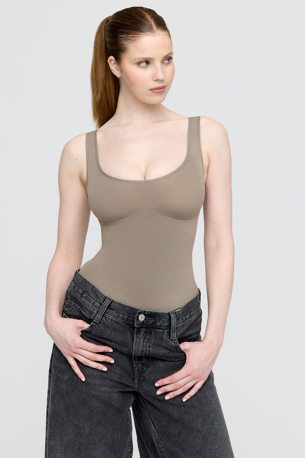 STONE Ribbed High Neck Cut Out Bodysuit, Womens Tops