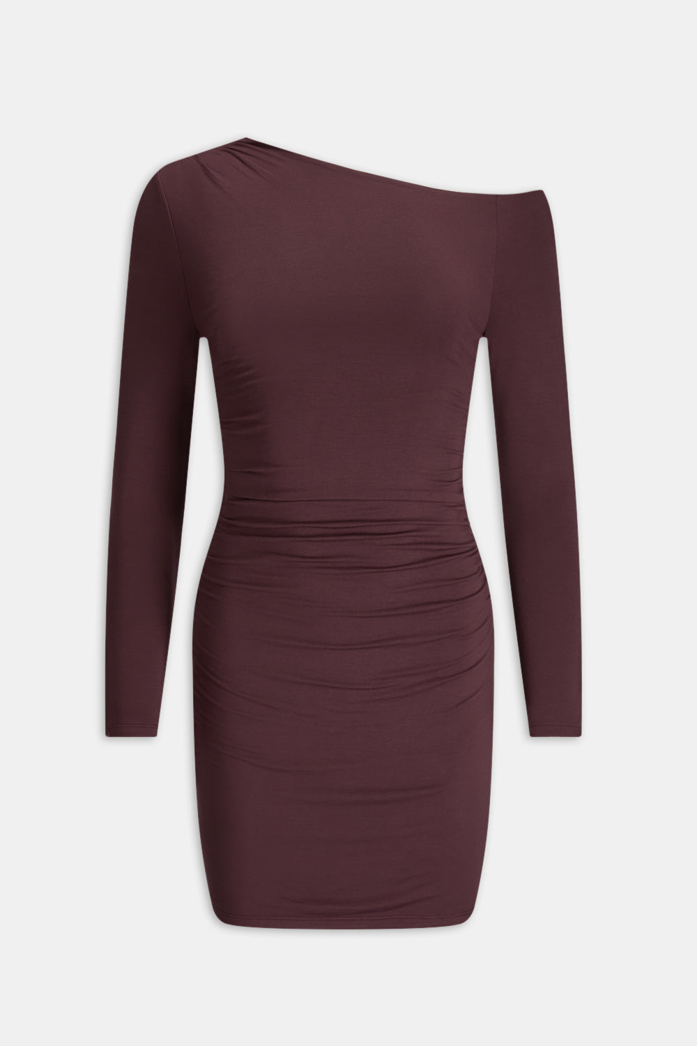 365 ASYMMETRIC RUCHED SIDE LONG SLEEVE MINI DRESS - MULLED WINE