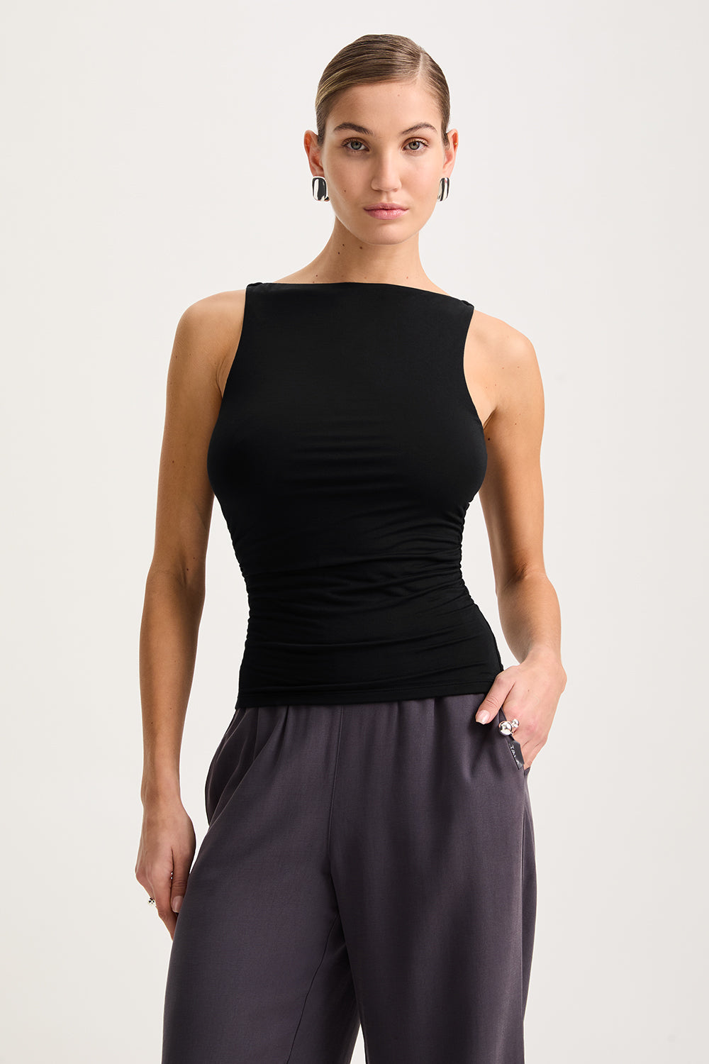 365 RUCHED SIDE BOAT NECK TOP - SHADOW BLACK