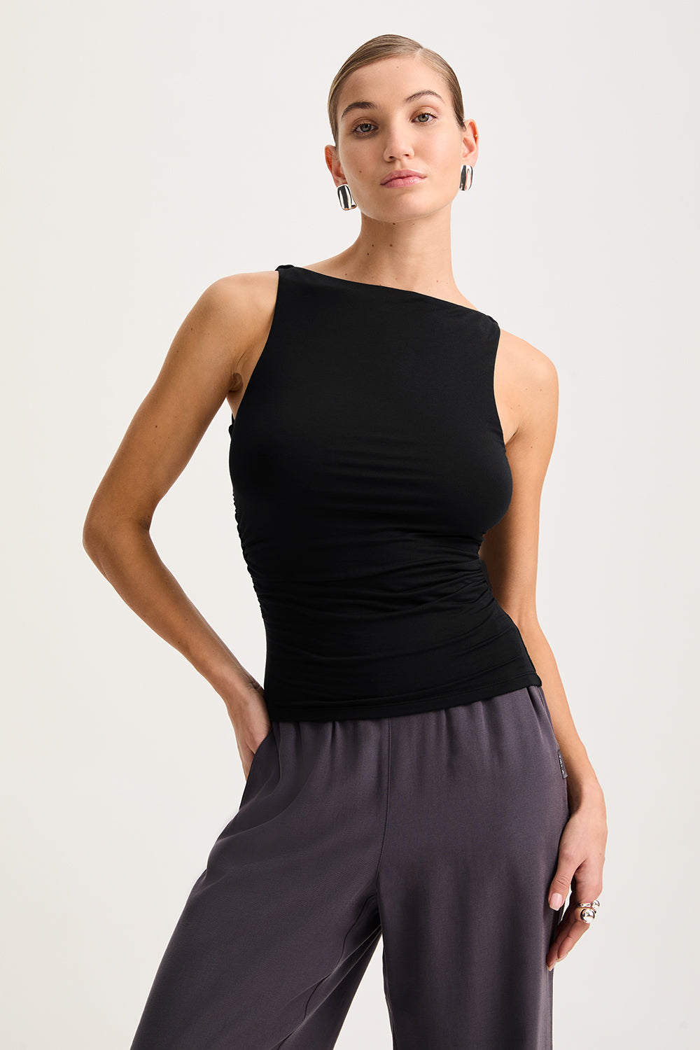 365 RUCHED SIDE BOAT NECK TOP - SHADOW BLACK