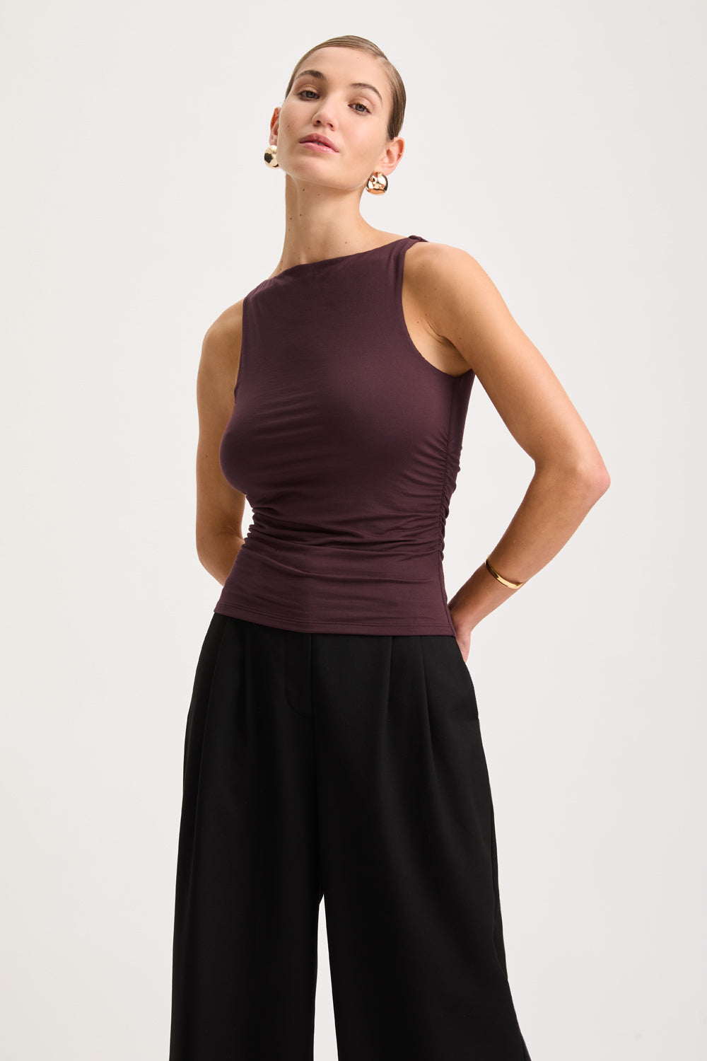 365 RUCHED SIDE BOAT NECK TOP - MULLED WINE