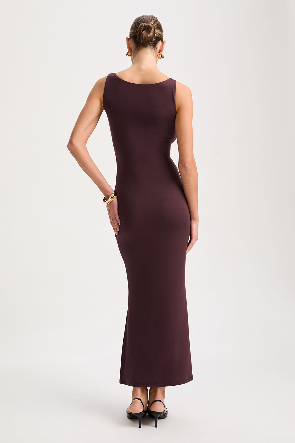 365 RUCHED SIDE BOAT NECK MAXI DRESS - MULLED WINE