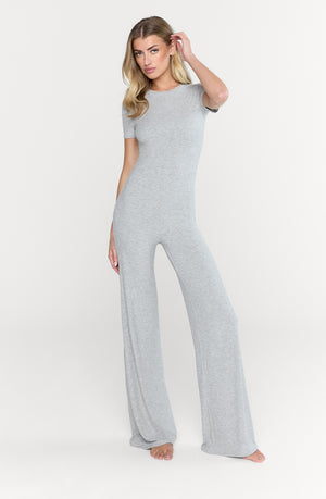 365 SCULPTING LOUNGE SHORT SLEEVE WIDE LEG JUMPSUIT - GREY MARL