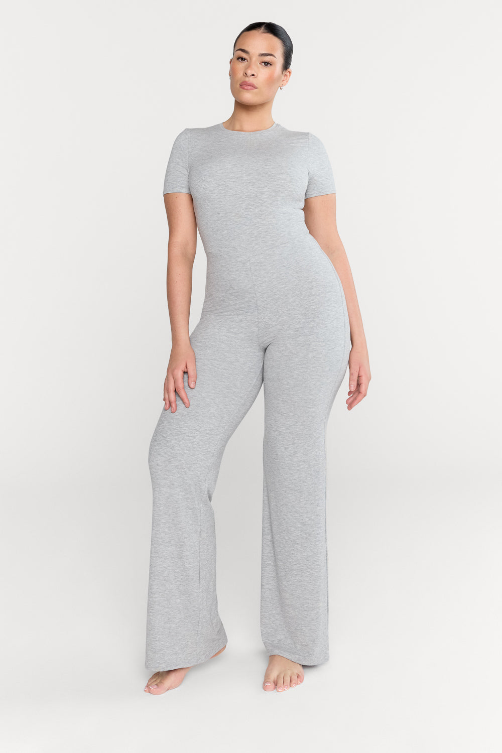 365 SCULPTING LOUNGE SHORT SLEEVE WIDE LEG JUMPSUIT - GREY MARL