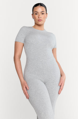 365 SCULPTING LOUNGE SHORT SLEEVE WIDE LEG JUMPSUIT - GREY MARL