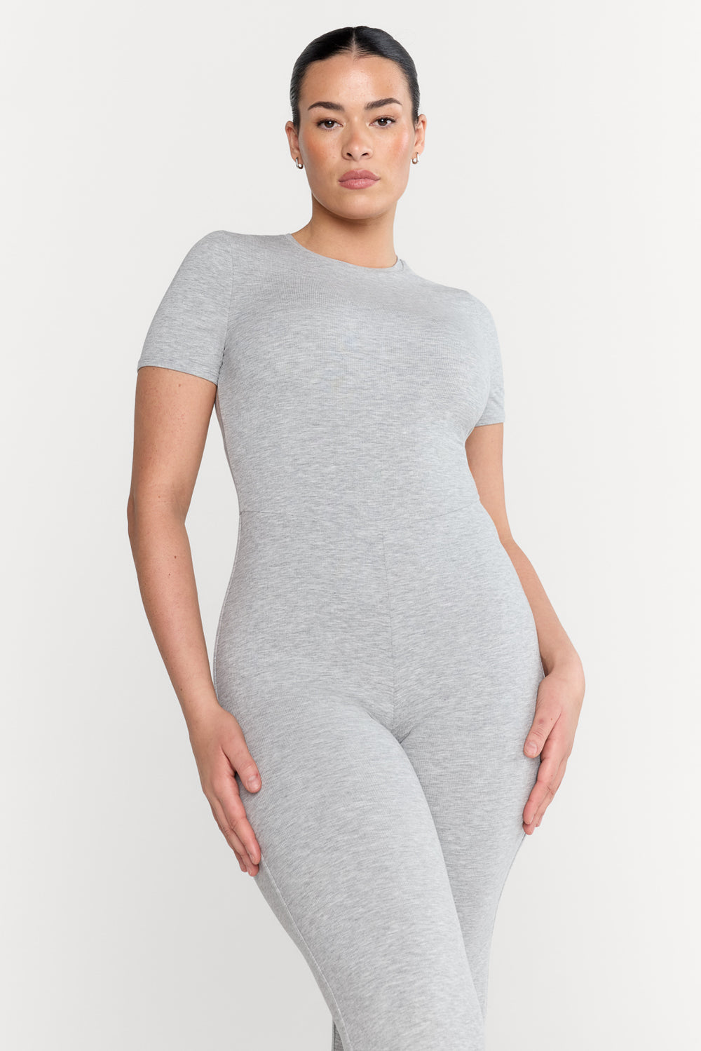 365 SCULPTING LOUNGE SHORT SLEEVE WIDE LEG JUMPSUIT - GREY MARL