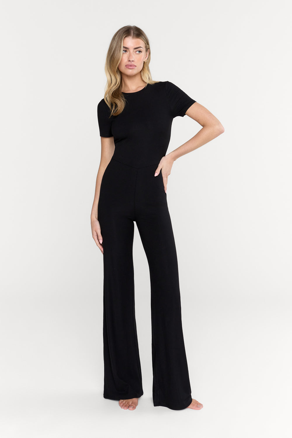 365 SCULPTING LOUNGE SHORT SLEEVE WIDE LEG JUMPSUIT - SHADOW BLACK