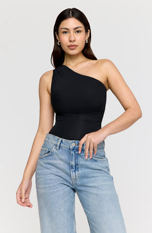 365 ASYMMETRIC RUCHED SIDE BODYSUIT - SHADOW BLACK