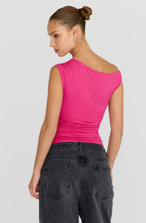 365 ASYMMETRIC RUCHED SIDE TOP - HOT PINK