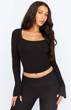 365 SCULPTING LOUNGE SPLIT LONG SLEEVE TOP - SHADOW BLACK