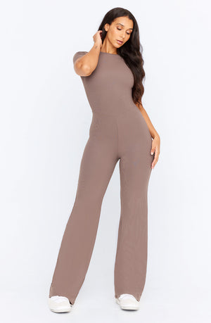 365 SCULPTING LOUNGE SHORT SLEEVE WIDE LEG JUMPSUIT - MOCHA