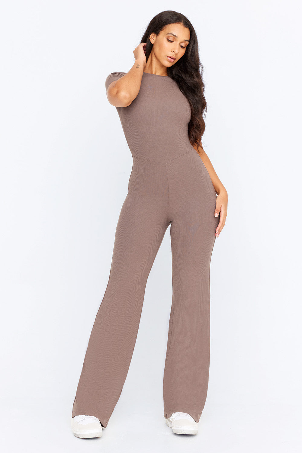 365 SCULPTING LOUNGE SHORT SLEEVE WIDE LEG JUMPSUIT - MOCHA