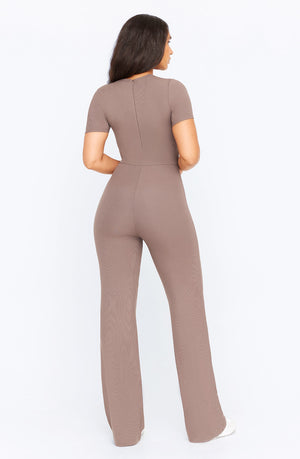 365 SCULPTING LOUNGE SHORT SLEEVE WIDE LEG JUMPSUIT - MOCHA