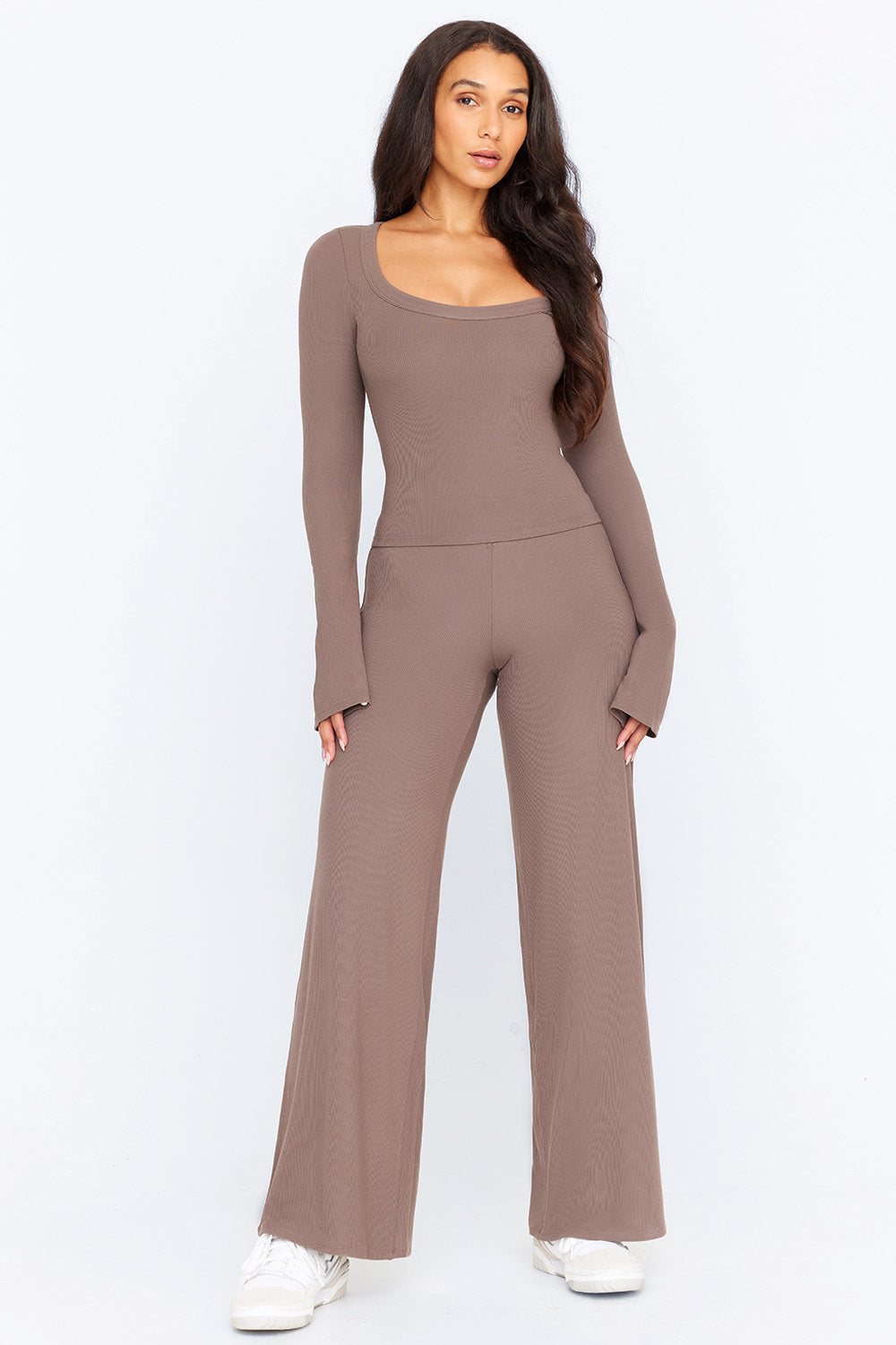 365 SCULPTING LOUNGE SPLIT LONG SLEEVE TOP - MOCHA