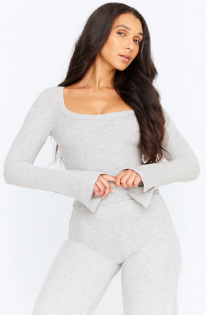 365 SCULPTING LOUNGE SPLIT LONG SLEEVE TOP - GREY MARL