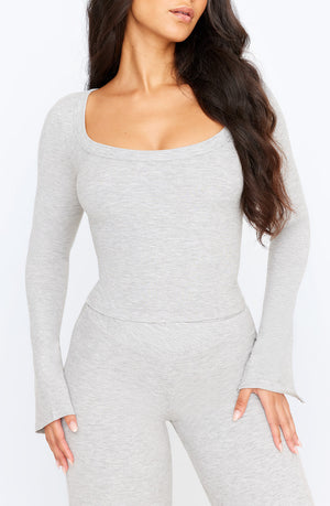 365 SCULPTING LOUNGE SPLIT LONG SLEEVE TOP - GREY MARL