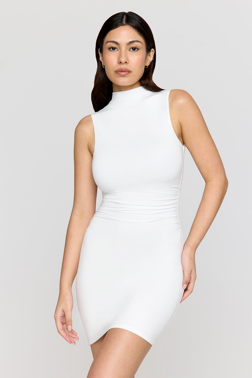 365 RUCHED SIDE MOCK NECK MINI DRESS - COCONUT MILK