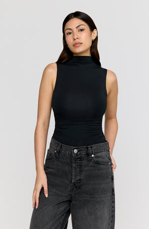 365 RUCHED SIDE MOCK NECK TOP - SHADOW BLACK