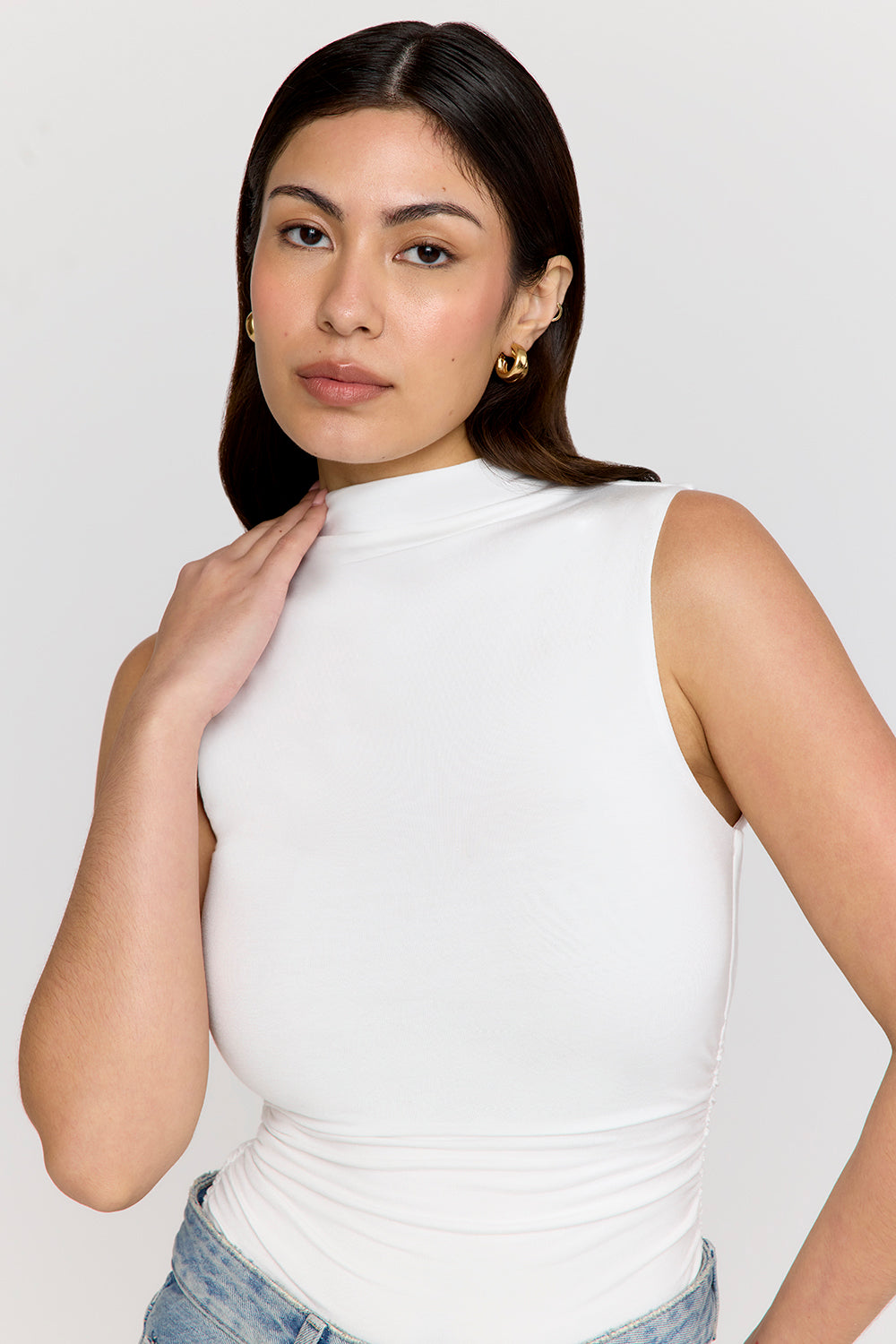 365 RUCHED SIDE MOCK NECK TOP - COCONUT MILK