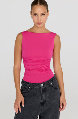 365 RUCHED SIDE OPEN BACK TOP - HOT PINK