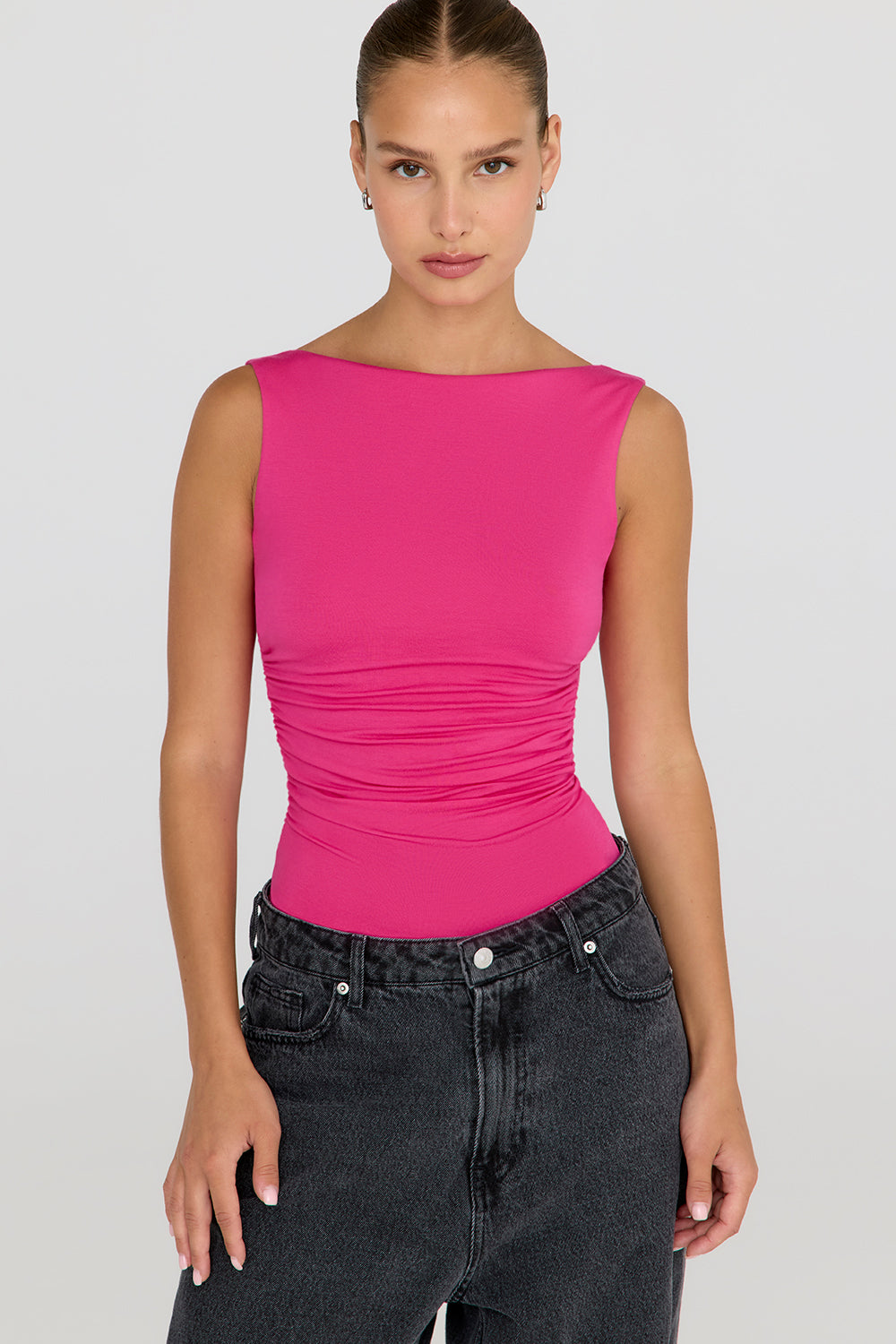 365 RUCHED SIDE OPEN BACK TOP - HOT PINK