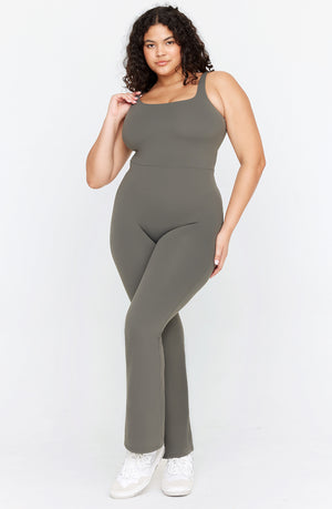 DAYFLEX BUILT-IN SUPPORT SQUARE NECK FLARED UNITARD - DARK OLIVE