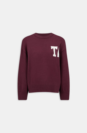 T LOGO KNIT SWEATER - BURGUNDY AND BUTTERMILK