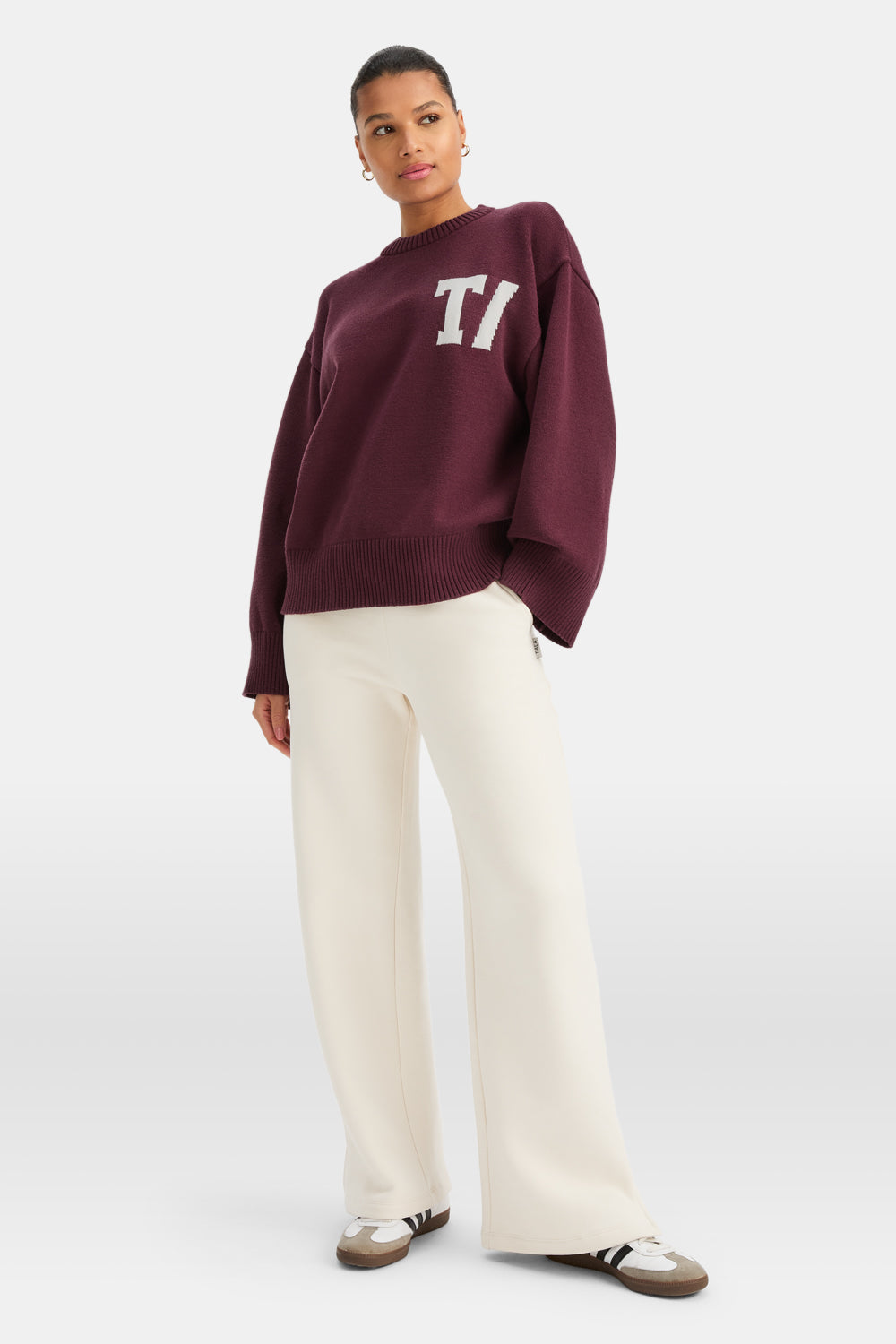 T LOGO KNIT SWEATER - BURGUNDY AND BUTTERMILK