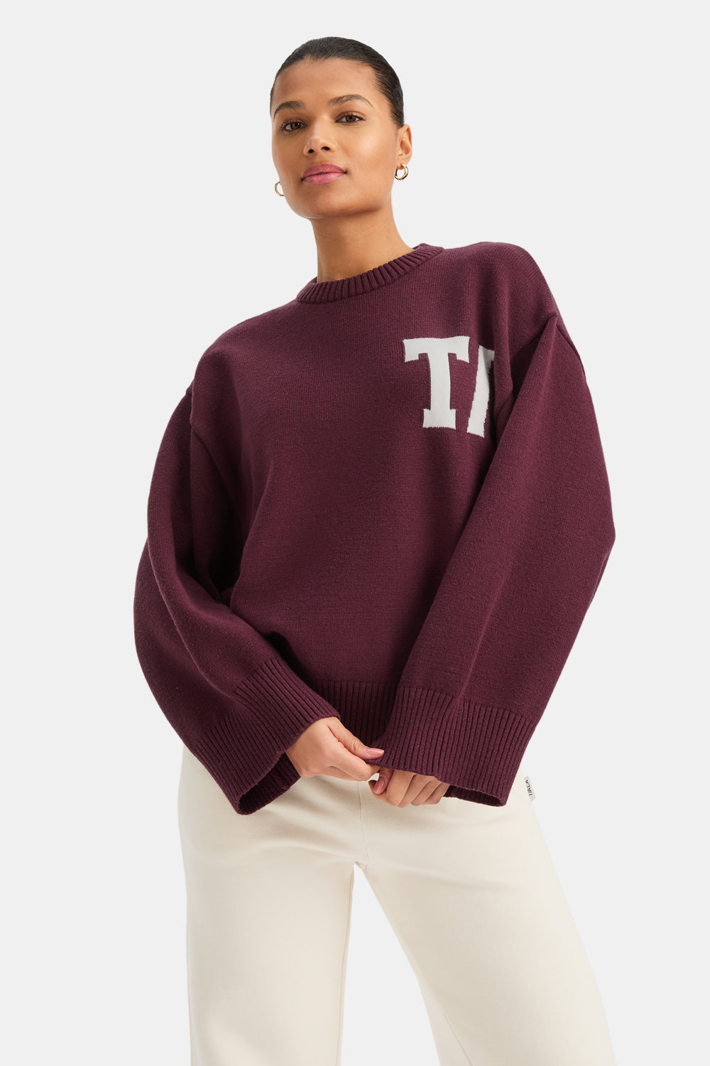 T LOGO KNIT SWEATER - BURGUNDY AND BUTTERMILK