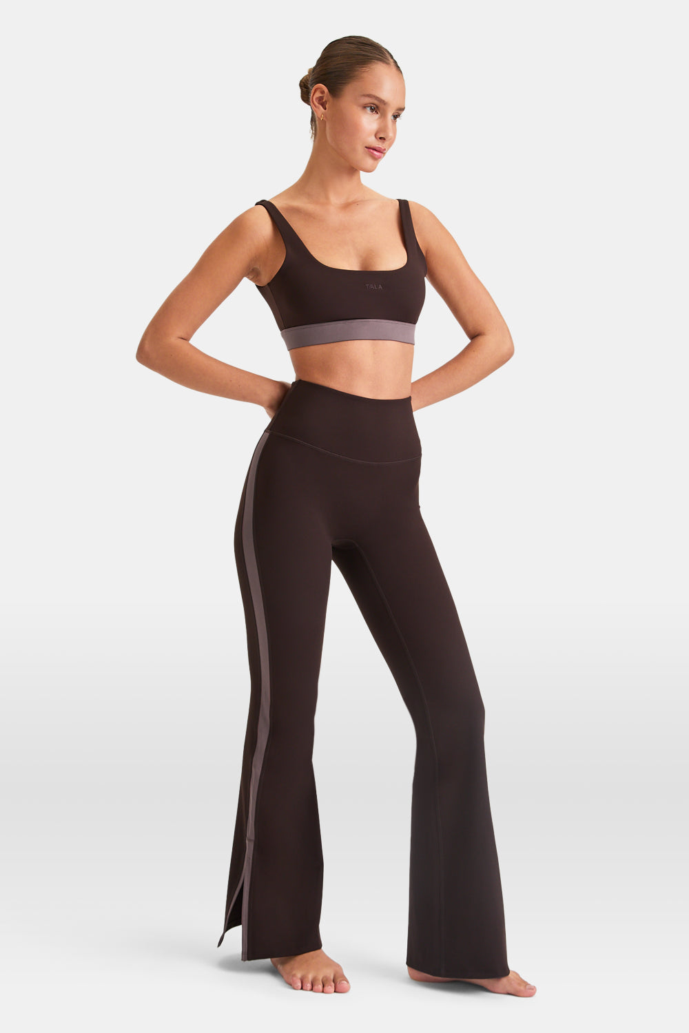 DAYFLEX CONTRAST STRIPE SIDE SPLIT FLARED YOGA PANT NO FRONT SEAM - AMERICANO AND MOCHA