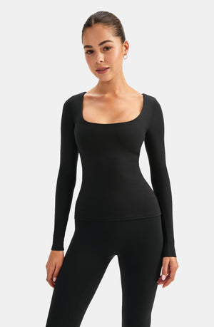 DAYFLEX BUILT-IN SUPPORT SCOOP NECK LONG SLEEVE TOP - SHADOW BLACK