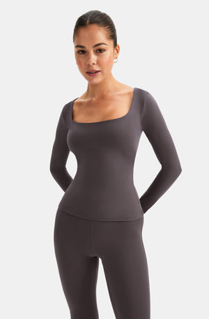 DAYFLEX BUILT-IN SUPPORT SCOOP NECK LONG SLEEVE TOP - COOL ESPRESSO