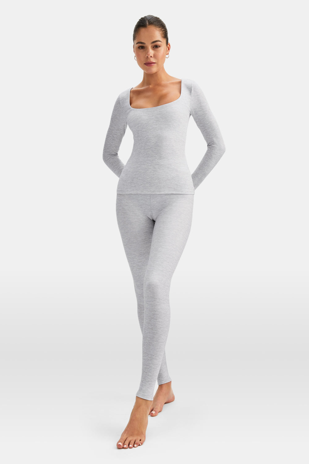 DAYFLEX BUILT-IN SUPPORT SCOOP NECK LONG SLEEVE TOP - GREY MARL